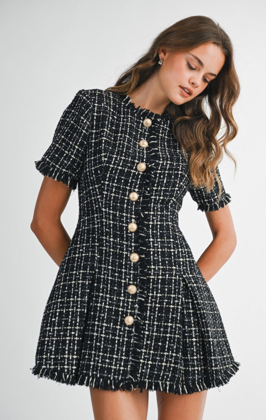 vestido tweed negro con blanco