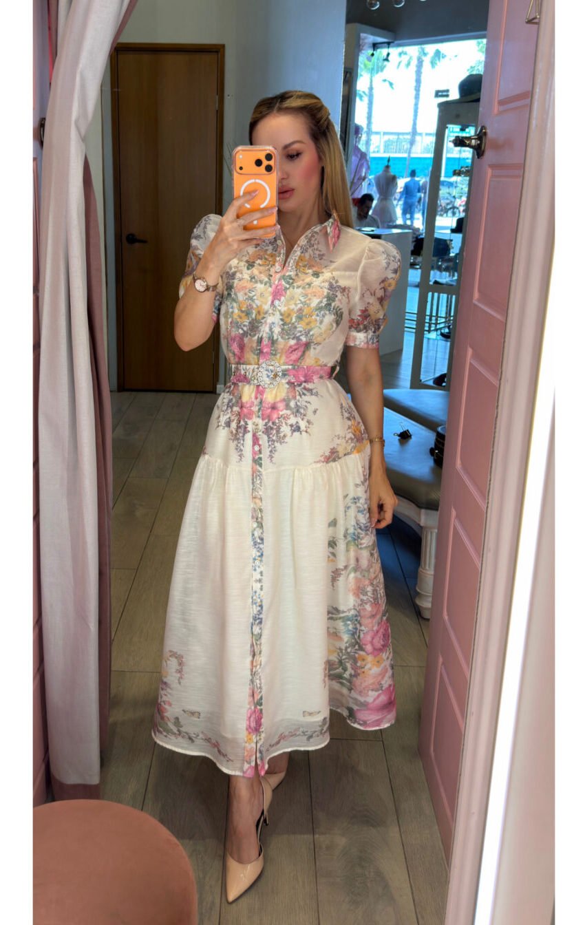 vestido rosa floral con cinto - Image 2