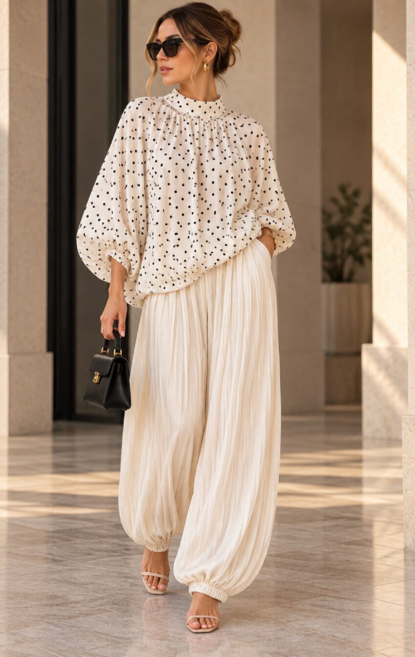 top polka con mangas abullonadas